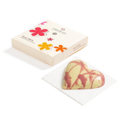 Białe serce czekoladowe wypełnione praliną z kwiatem naleśnika francuskiego (100g)