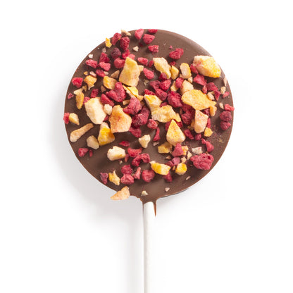 Lizak z mlecznej czekolady z mango i malinami (20g)